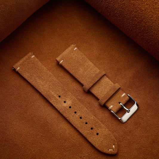 Brown Suede Leather Watch Strap Vintage With Luxury Silver Buckle