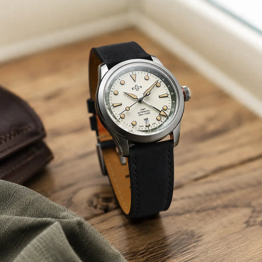 22mm black leather watch strap on Christopher Ward GMT watch, premium handcrafted watch band with vintage styling and everyday luxury appeal.