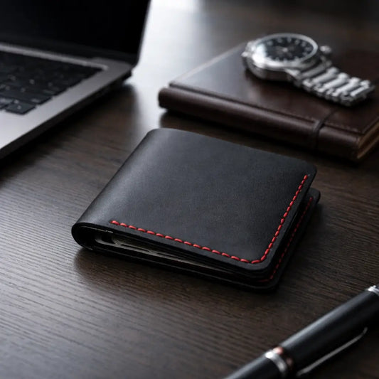 Handcrafted black leather wallet paired with a premium metal-link wristwatch on a neutral surface, illustrating a coordinated luxury accessory set for men.