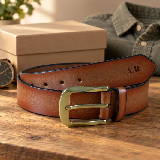 Brown leather men’s belt with antique brass buckle and personalised initials displayed beside gift box