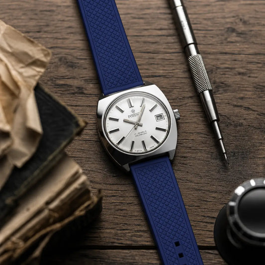 20mm blue FKM rubber watch strap on Potens vintage dress watch, textured performance watch band with quick-release design and flexible all-day wear.