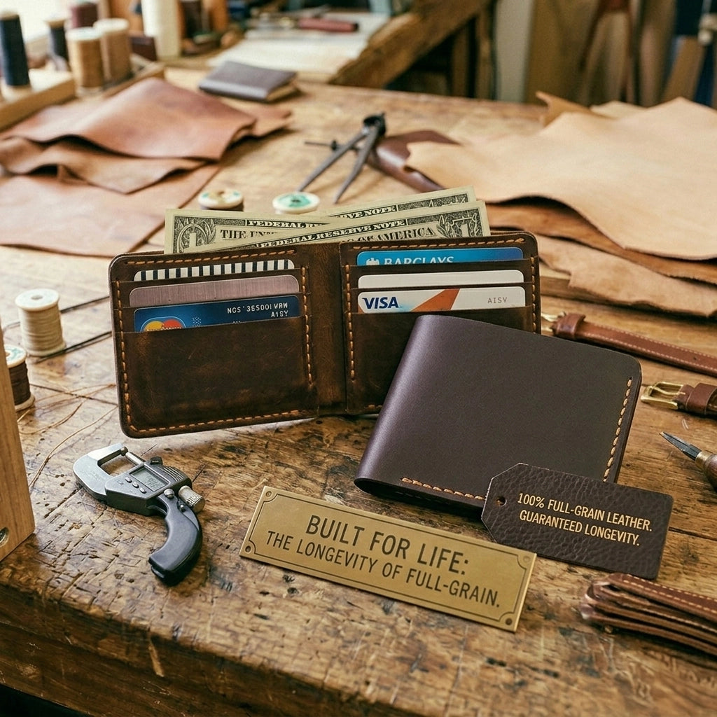 Angled interior shot of the leather bifold populated with credit cards and banknotes, demonstrating its high-capacity organization without compromising its minimalist silhouette."
