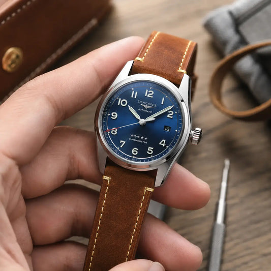 Close-up lifestyle image of a blue dial wristwatch fitted with a natural tan crazy horse leather strap, held between fingers against a warm studio background with soft depth of field and premium handcrafted styling.