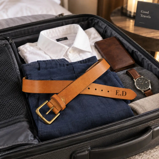 Personalised brown leather men’s belt with engraved initials E.D. packed inside a suitcase with folded shirts for travel.