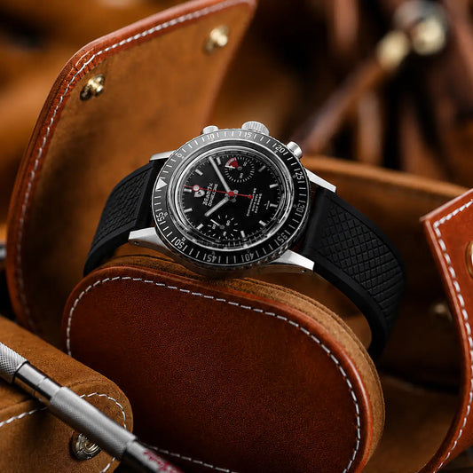 22mm black FKM rubber watch strap on Zenith Chronomaster chronograph, durable textured rubber watch band with sporty design and all-day comfort.
