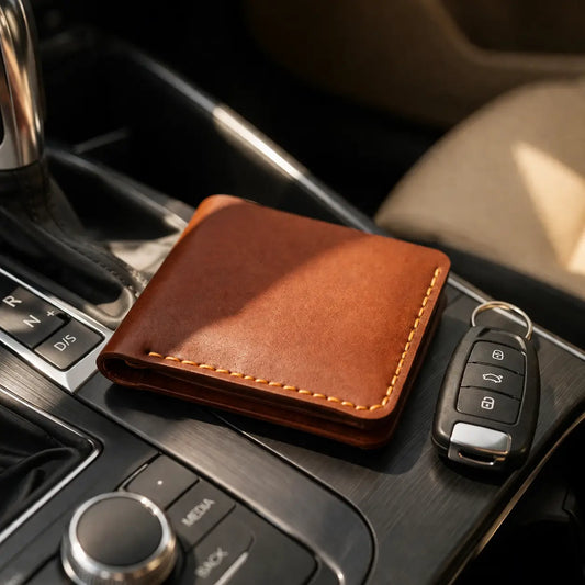 Brown leather wallet with visible stitching placed on a car’s center console beside a black key fob, highlighted by warm sunlight creating soft shadows and a premium lifestyle feel.