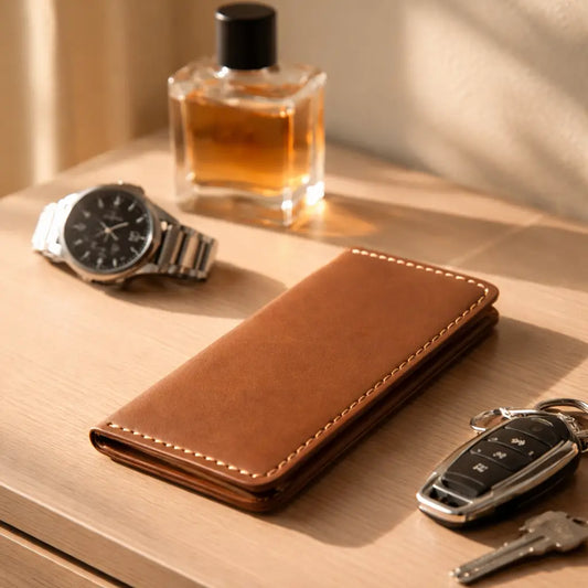 Brown leather wallet with contrast stitching placed on a wooden surface beside a wristwatch, car keys, and a glass perfume bottle, illuminated by warm natural light for a premium lifestyle setting.