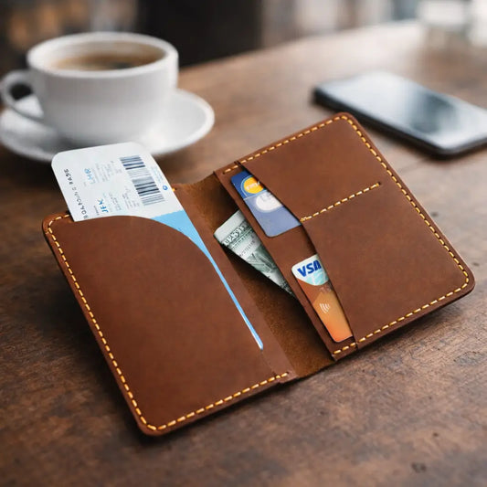 An open-flat view of a tan full-grain leather bifold cardholder against a white background, highlighting the interior's dual-pocket capacity with a stack of folded banknotes and a credit card secured by precision artisanal stitching