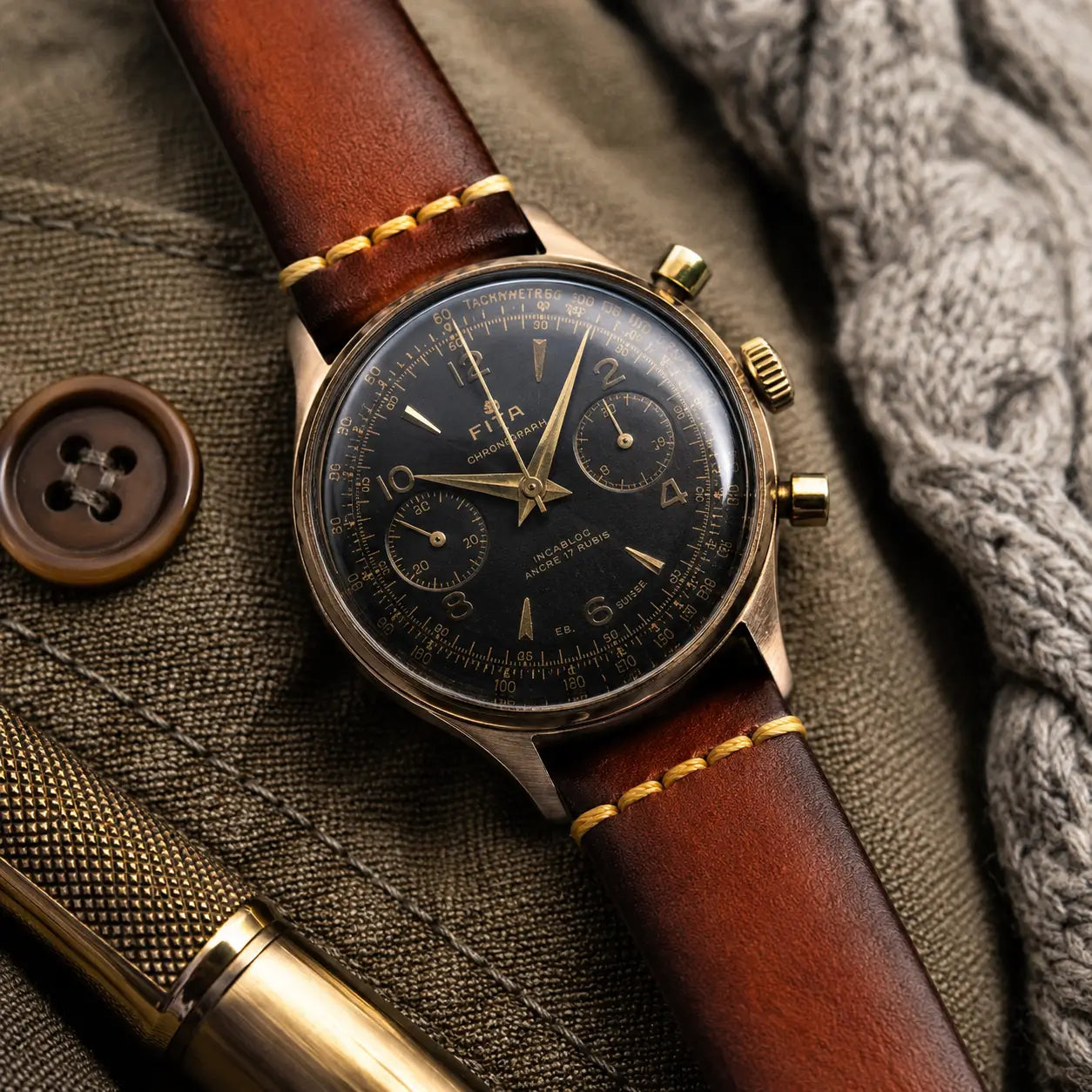 22mm vintage brown Italian leather watch strap paired with Fina chronograph watch, handcrafted premium leather watch band with classic stitched design.