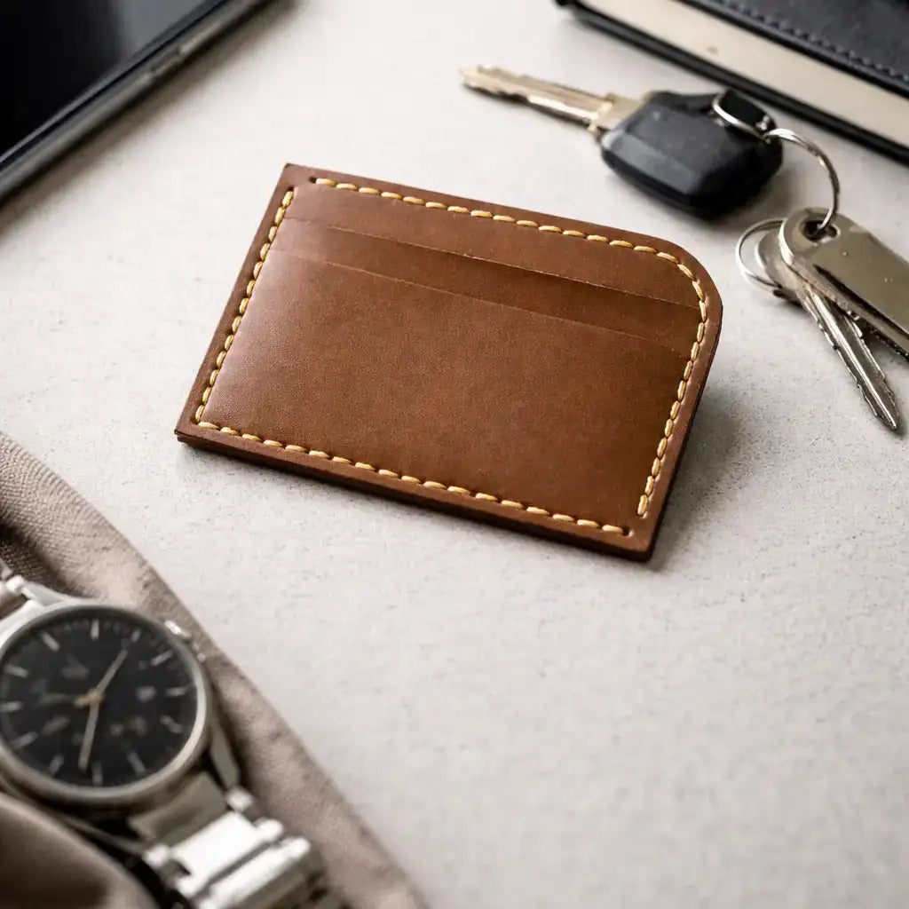 Minimalist Men’s Slim Leather Card Holder - Tan - Front Pocket