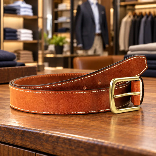 Cognac brown leather men’s belt with cream stitching and antique brass buckle displayed on a wooden counter in a menswear store.