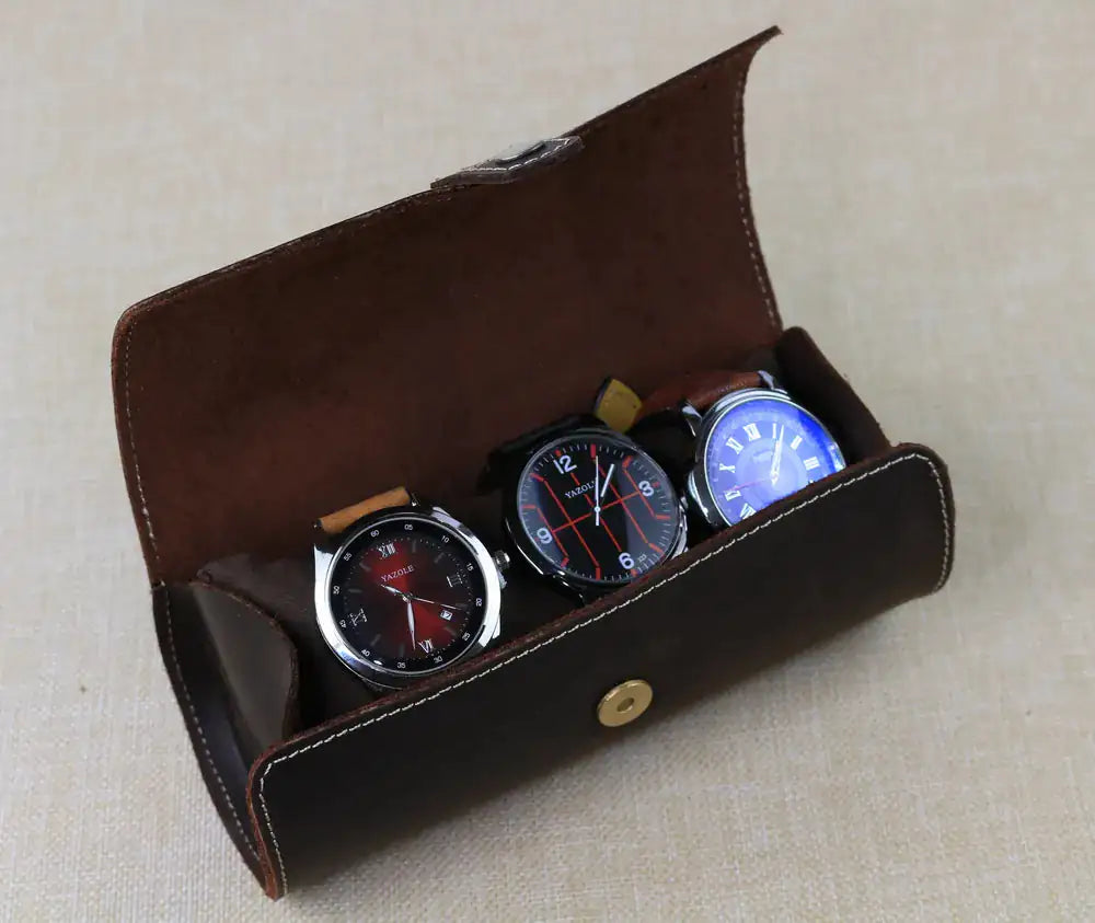 Travel Watch Roll Brown Leather for 3 Watches