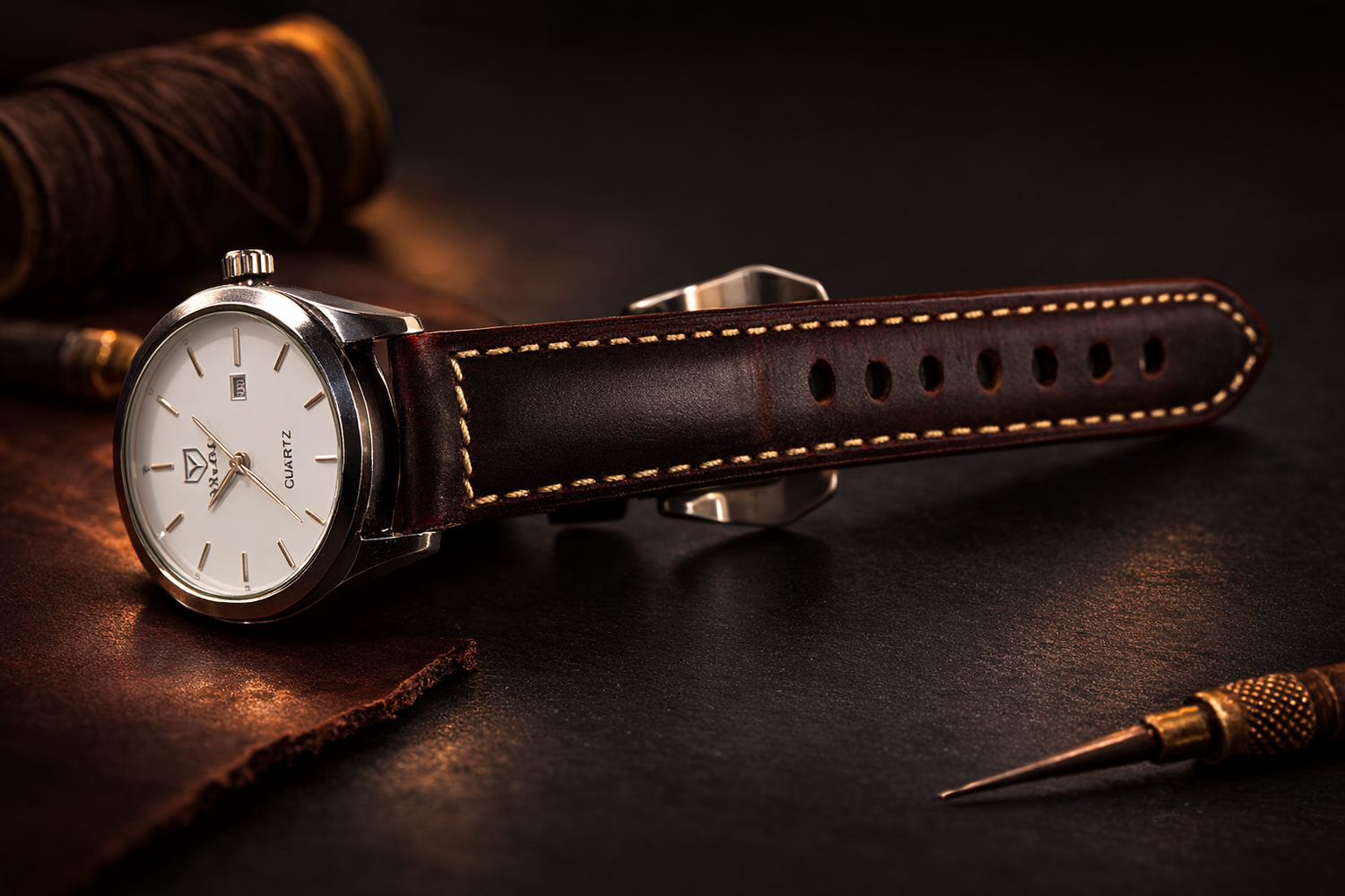 Luxury brown leather replacement watch strap on a classic silver timepiece