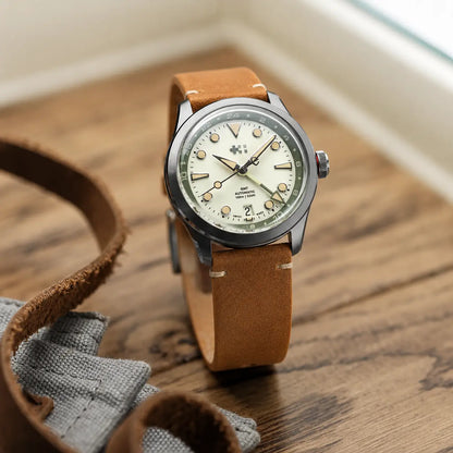 22mm vintage brown suede leather watch strap paired with Christopher Ward GMT automatic watch, premium handcrafted quick-release watch band with heritage styling.