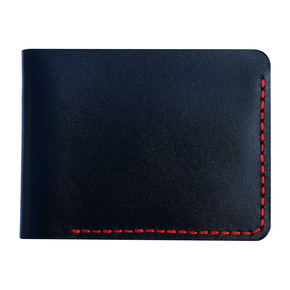 Vertical profile shot of the slim black leather wallet, showcasing the professional burnished edges and compact architecture ideal for front-pocket portability.