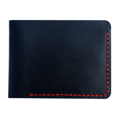 Vertical profile shot of the slim black leather wallet, showcasing the professional burnished edges and compact architecture ideal for front-pocket portability.
