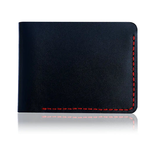 Top-down view of the Tascony handmade black bifold wallet, emphasizing the symmetrical aesthetic and premium full-grain leather surface for a professional executive look.