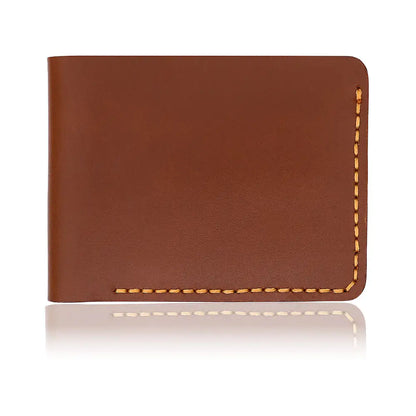 TASCONY tan full-grain leather bifold wallet for men featuring traditional hand-stitched saddle stitching and burnished edges for a minimalist luxury aesthetic.