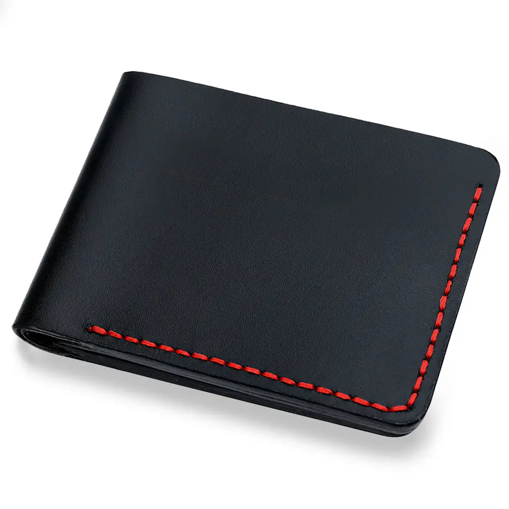 Frontal shot of the artisan black leather wallet featuring precision tonal stitching and a sleek, minimalist exterior designed for luxury men's everyday carry.