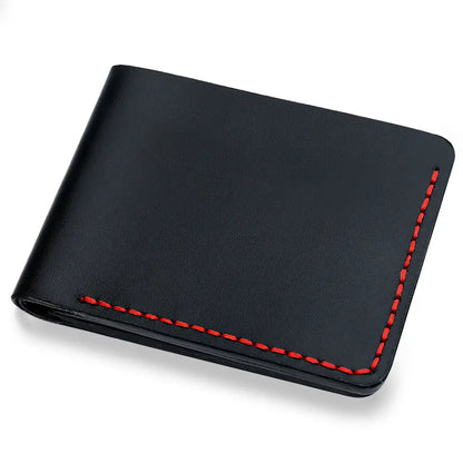 Frontal shot of the artisan black leather wallet featuring precision tonal stitching and a sleek, minimalist exterior designed for luxury men's everyday carry.