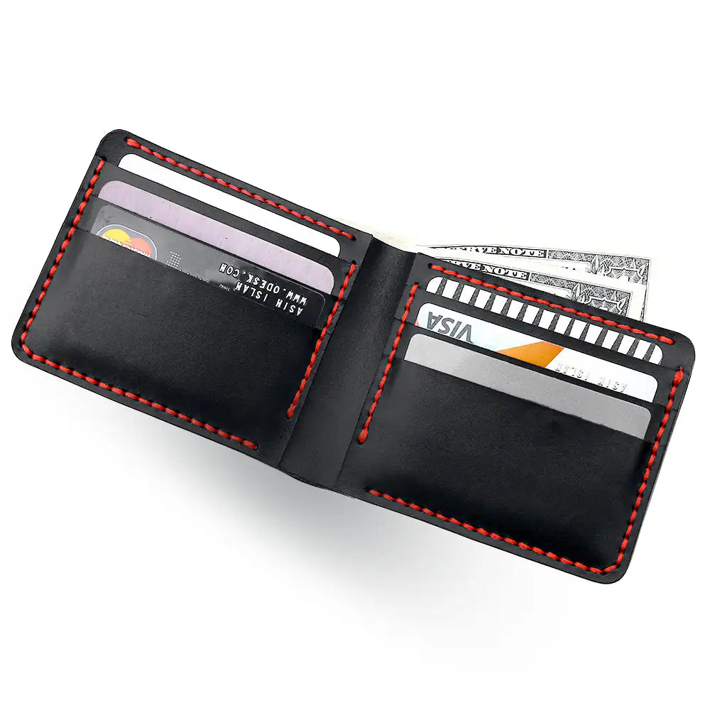 Elegant black handmade leather bifold wallet for men crafted from top-tier cowhide with a sleek professional matte finish and hand-burnished edges.