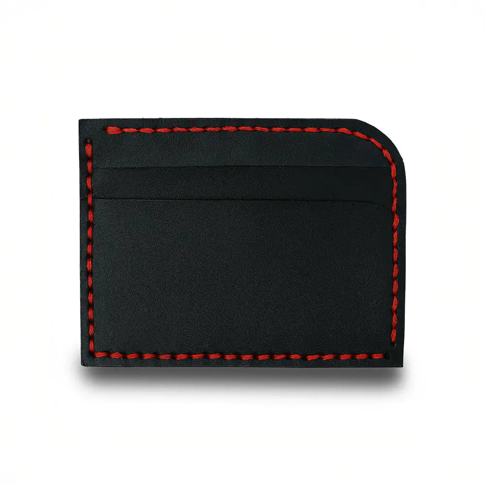 Black leather cardholder with red contrast stitching, shown on a plain white background.