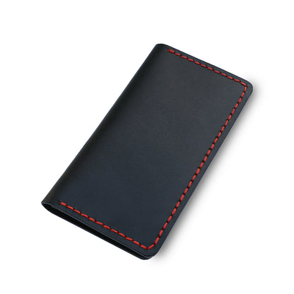 Black Long bifold vertical handmade leather wallet for Men to wear with coat