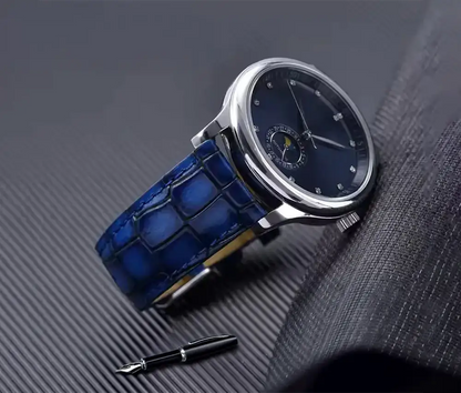 Blue Crocodile Leather Watch Strap on a watch