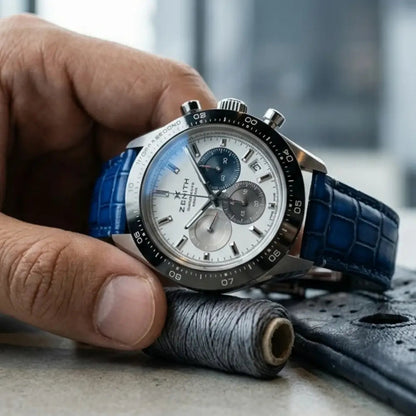 Zenith chronograph watch with a blue crocodile leather watch strap held beside leatherworking thread and artisan tools, highlighting handcrafted quality, premium materials, and detailed stitching.