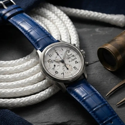 Blue crocodile leather watch strap fitted to a classic chronograph watch, styled with nautical rope and a vintage brass telescope on a dark stone surface, showcasing premium craftsmanship and timeless elegance.