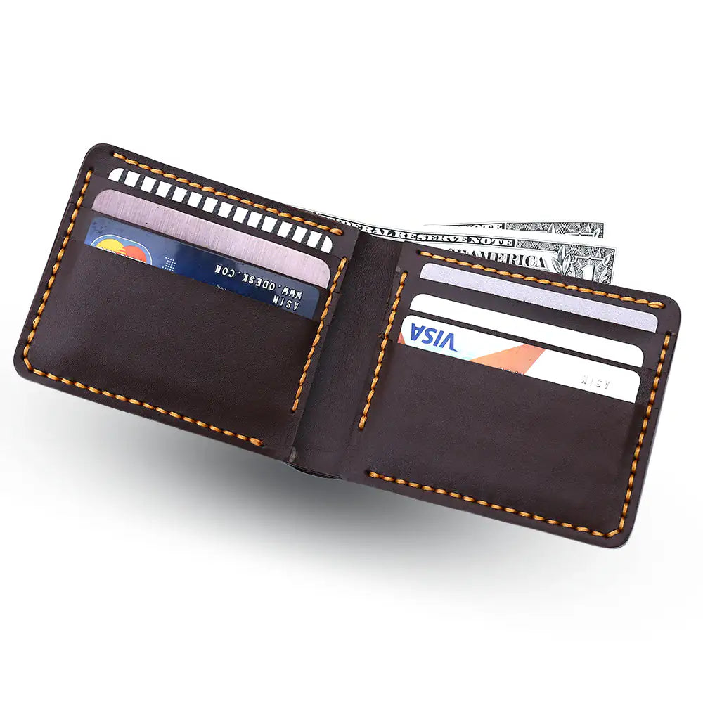 Handmade Dark Brown Bifold Wallet Filled