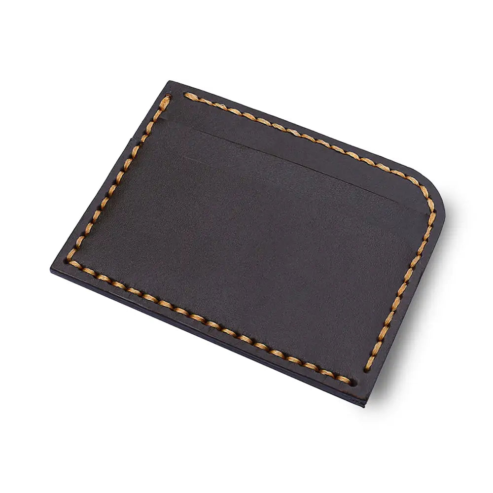 Dark brown leather cardholder with tan contrast stitching, displayed on a clean white background.