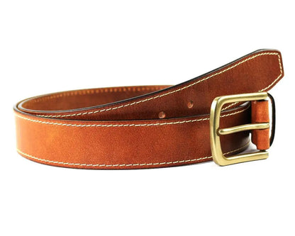Mens Brown Leather Belt with Gold Buckle