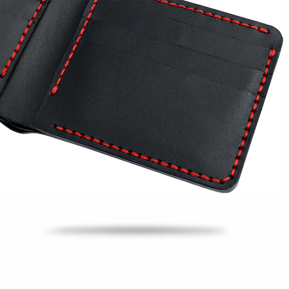 Handmade Black Bifold Leather Wallet Floating