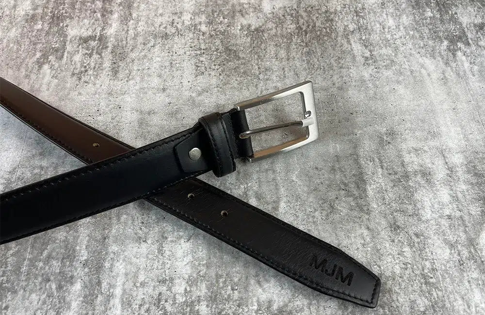 Mens Black Leather Belt with Silver Buckle