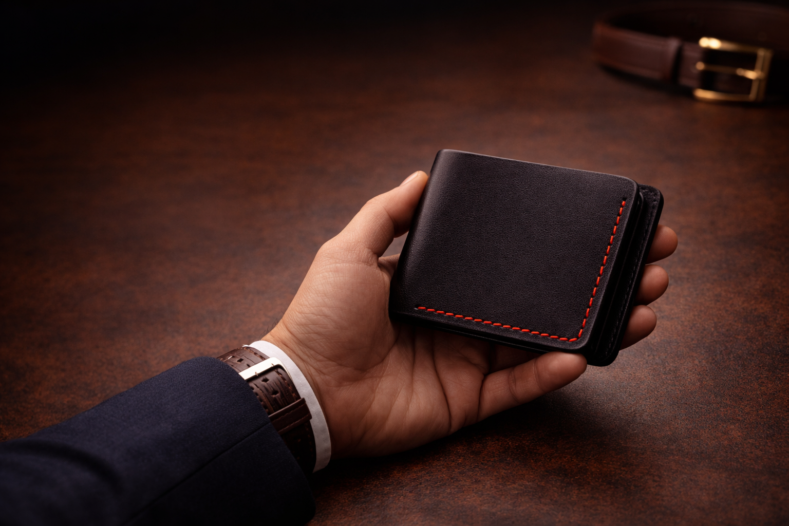 Handmade dark brown leather bifold wallet with red perimeter stitching by Tascony