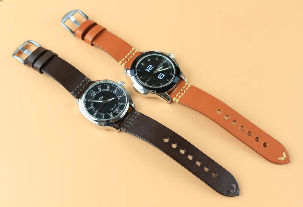 A perfect display of Dark brown and orange vegetable tanned Leather watch strap