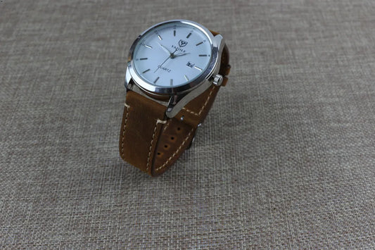 Natural Tan Crazy Horse Leather Watch Strap display with white watch dial