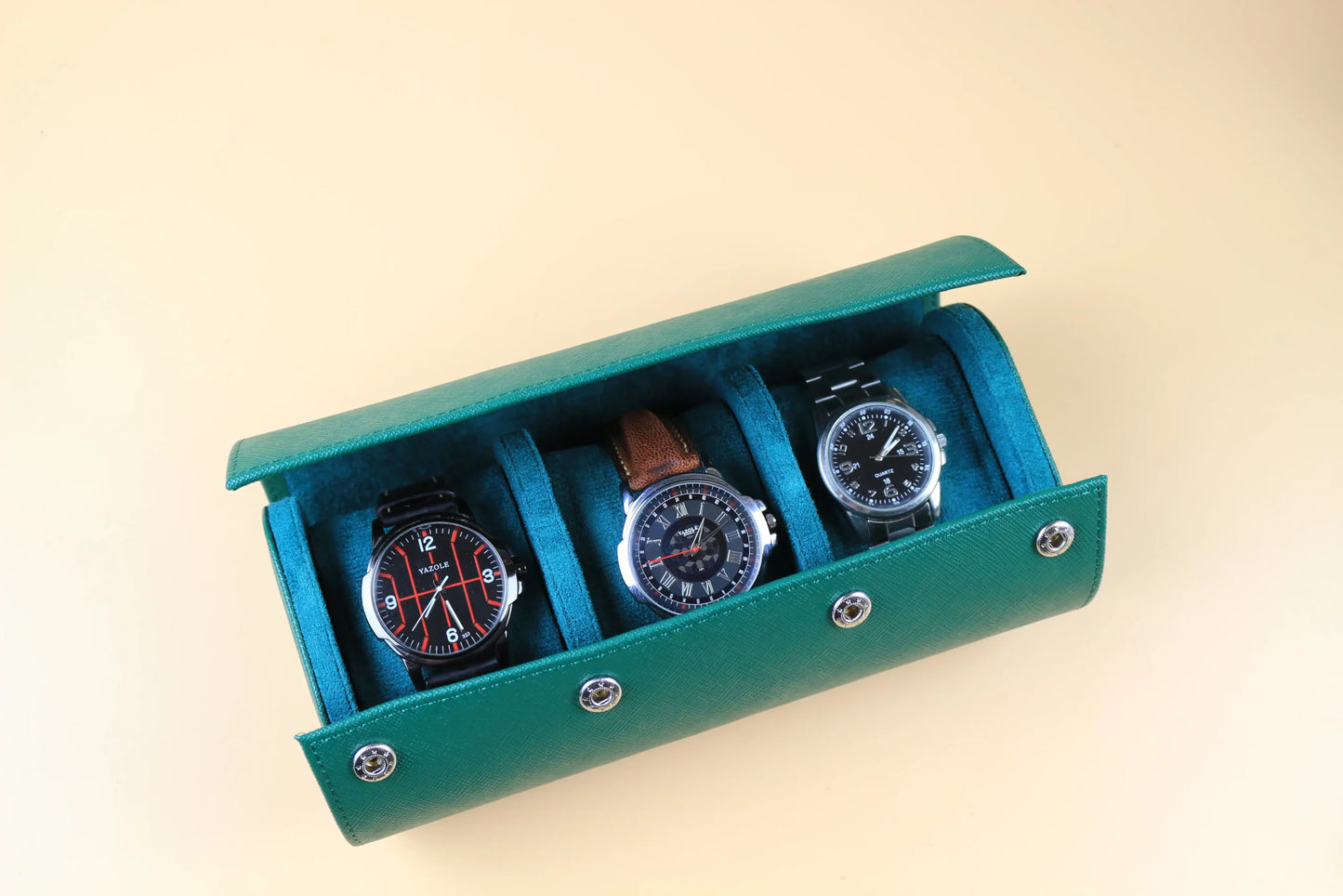 Green Saffiano Leather Watch Roll - 3 Watches