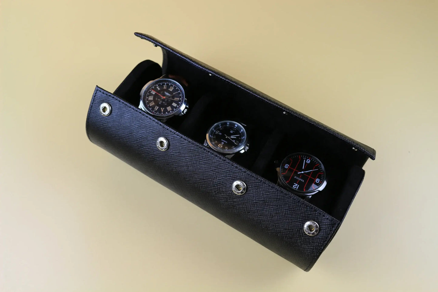 Black Saffiano Leather Watch Roll - 3 Watches