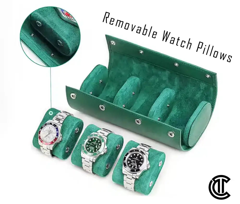 Green Saffiano Leather Watch Roll - 3 Watches