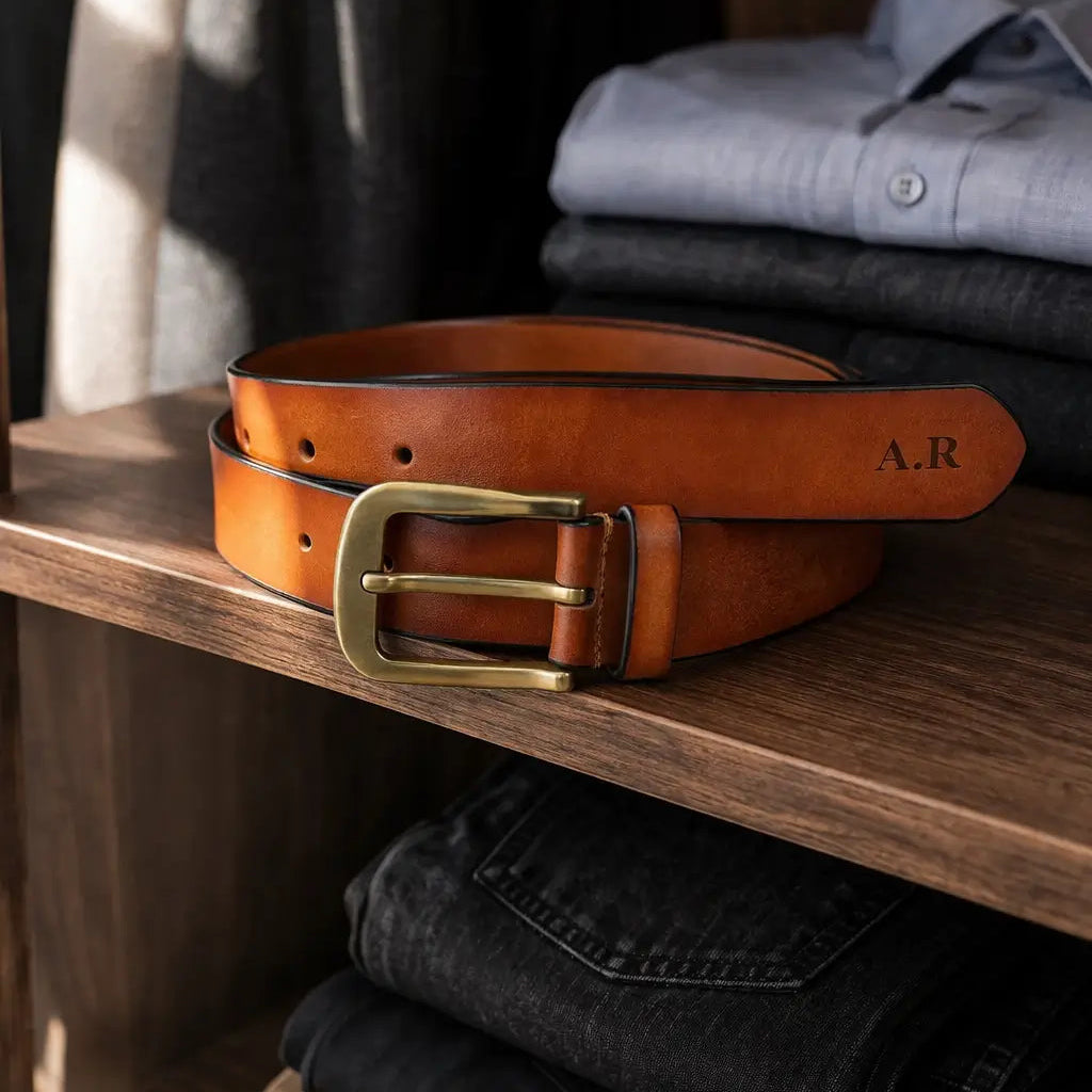 Brown leather belt for men styled on wardrobe shelf with folded clothing and classic brass buckle