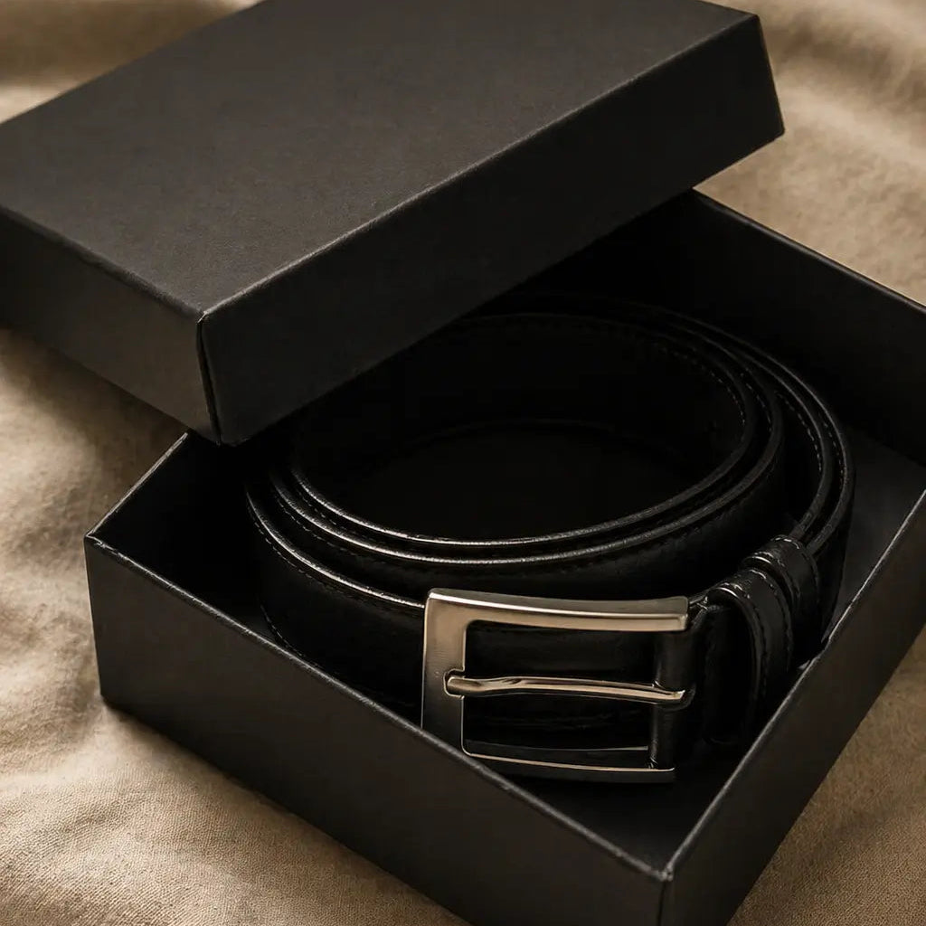 Black leather men’s belt with silver rectangular buckle neatly coiled inside an open black gift box on neutral fabric.