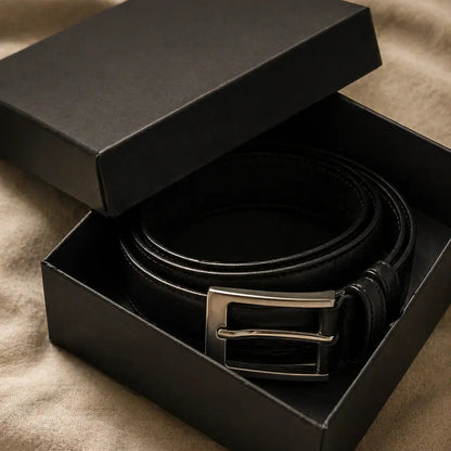 Black leather men’s belt with silver rectangular buckle neatly coiled inside an open black gift box on neutral fabric.