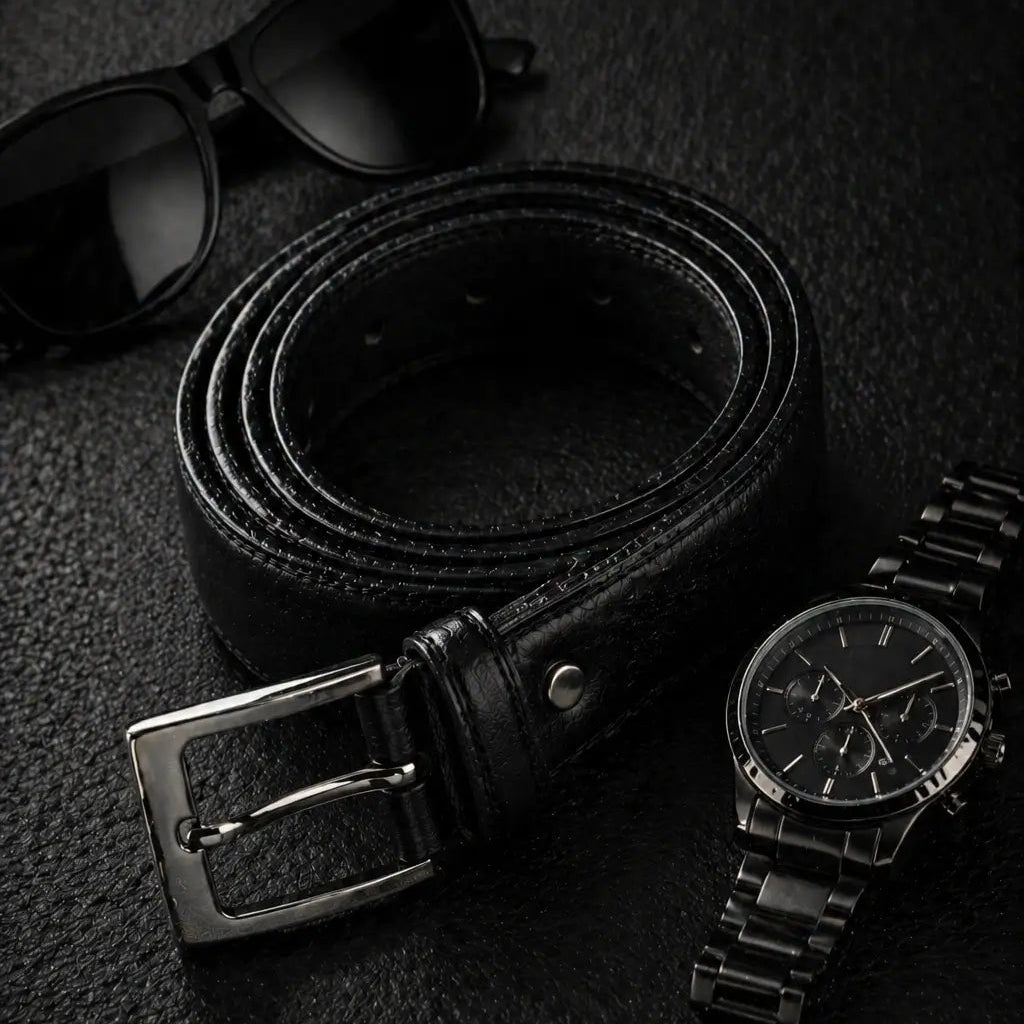 Black leather men’s belt with silver buckle styled beside black sunglasses and a black wristwatch on a dark textured surface.