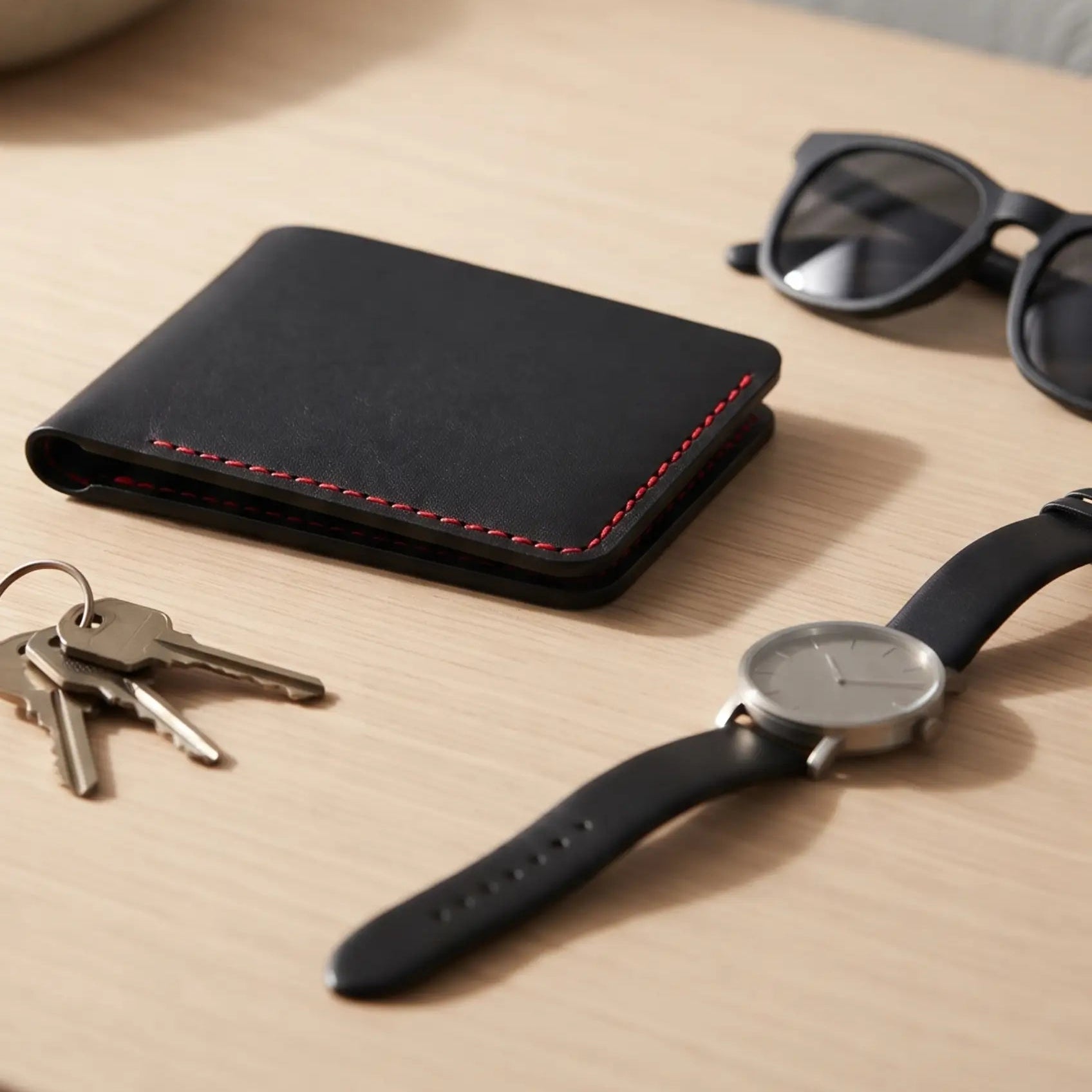 Black bifold leather wallet with red stitching resting on a light wooden desk beside a minimalist watch, sunglasses, keys, and a modern workspace setup, showcasing premium handcrafted leather craftsmanship.