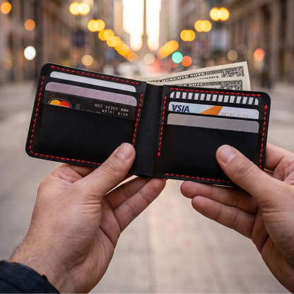 Premium black bifold leather wallet with red stitching presented inside a luxury matte black gift box on a light stone surface, creating an elegant gift presentation for men.