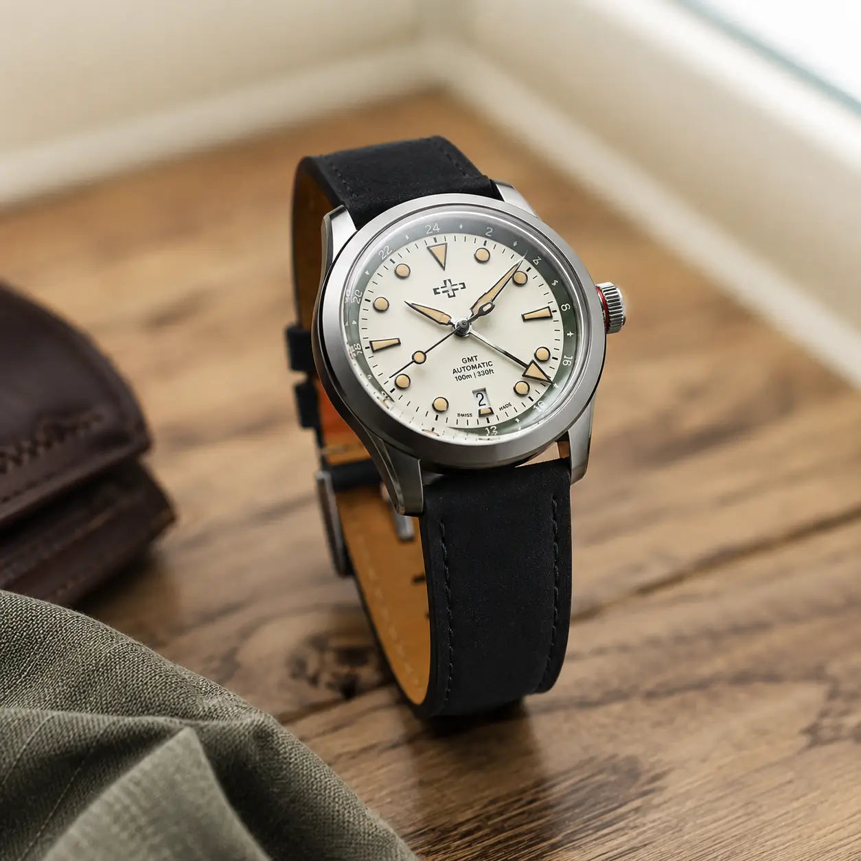 22mm black leather watch strap on Christopher Ward GMT watch, premium handcrafted watch band with vintage styling and everyday luxury appeal.