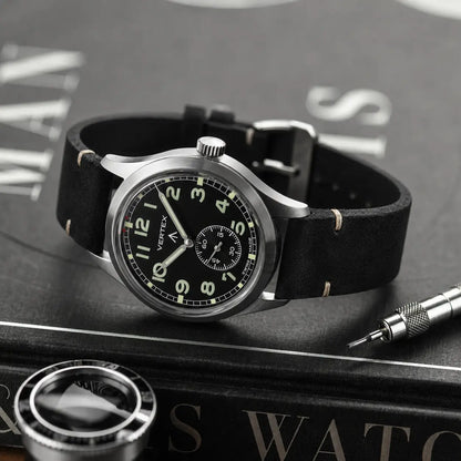 20mm black suede leather watch strap paired with Vertex military watch, handcrafted vintage watch band with rugged heritage styling.