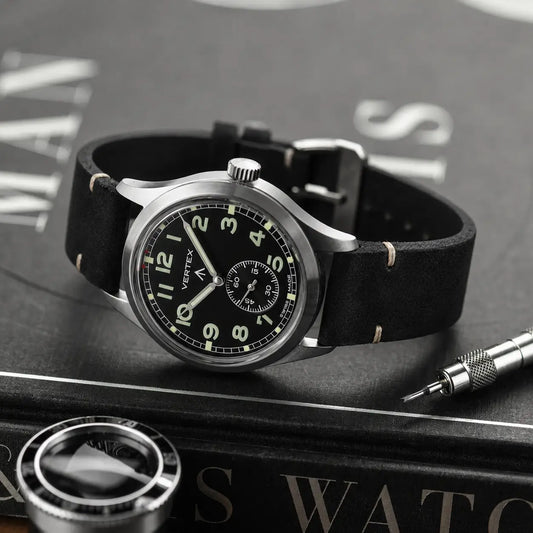 20mm black suede leather watch strap paired with Vertex military watch, handcrafted vintage watch band with rugged heritage styling.